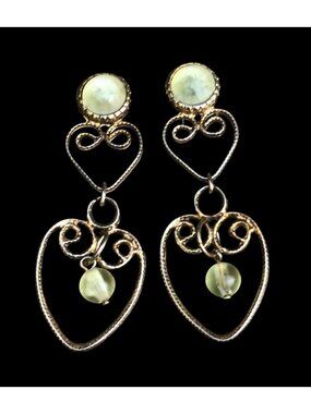 Vintage 1990s Antiqued Gold Tone Openwork Heart Dangle Earrings